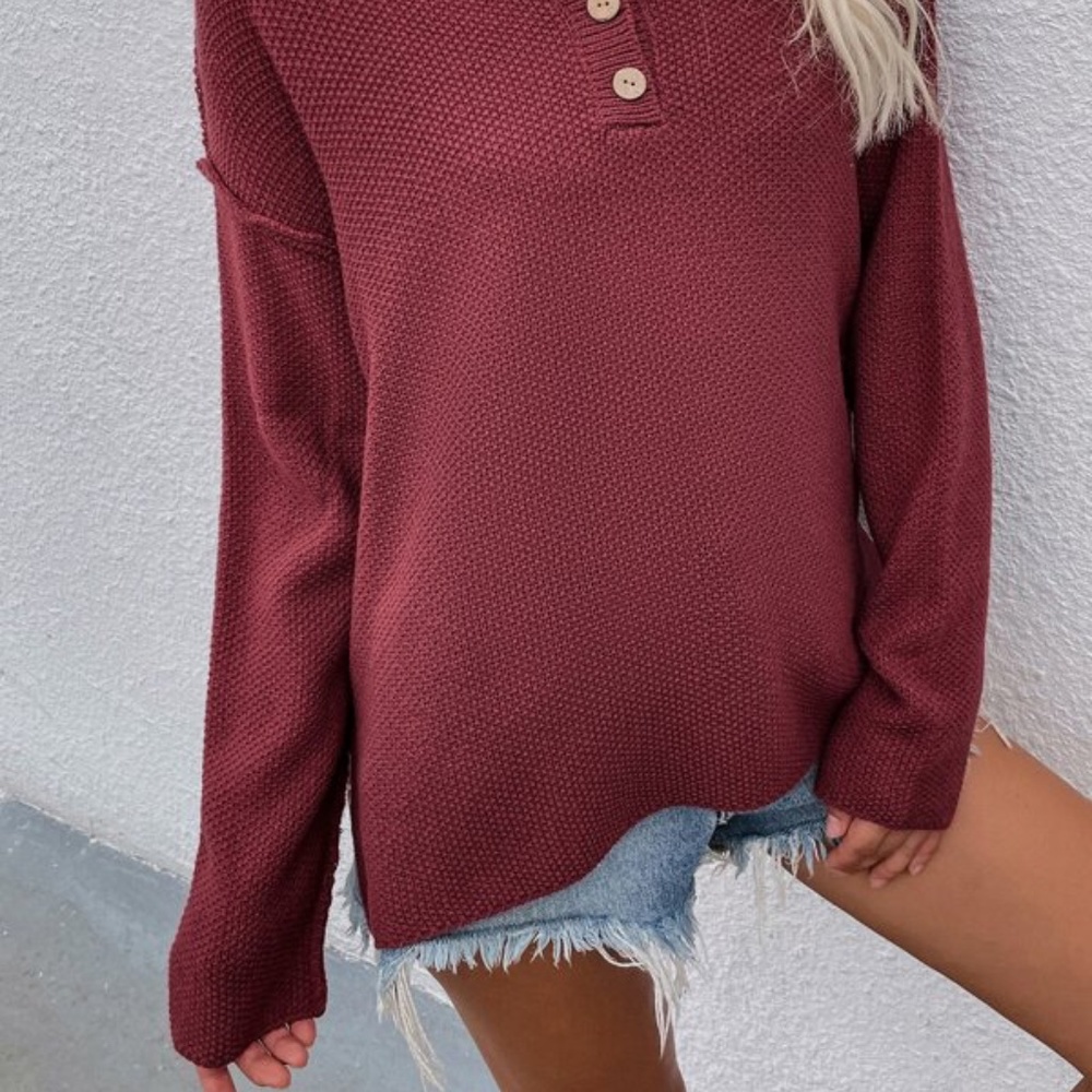 SOLD OUT Burgundy Button Neckline Oversized Relaxed Long Sleeve Knit Sweater - Picture 2 of 3